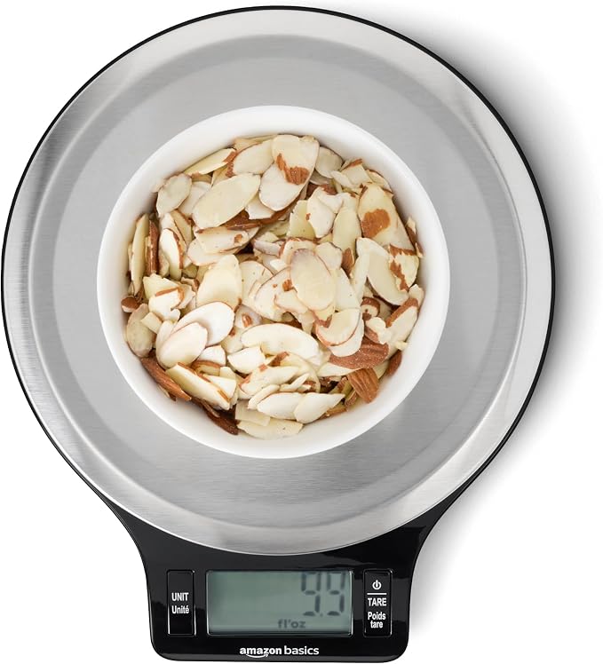 Amazon Basics Digital KitchenScale with LCD Display, TareFunction, Multiple Units, Weighsup to 11 Pounds, BatteriesIncluded, Black and StainlessSteel